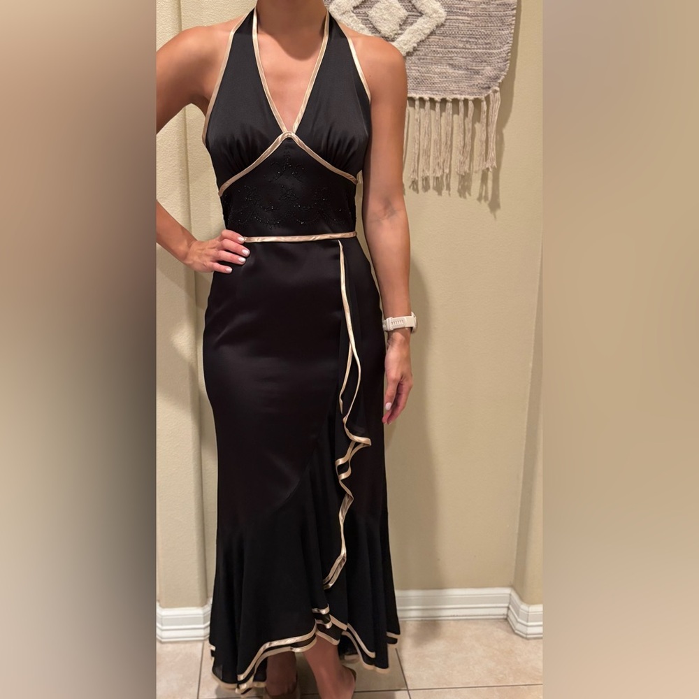 Whimsigoth Elegant Y2K Satin Halter Black and Cream Women's Dress with Ruffles